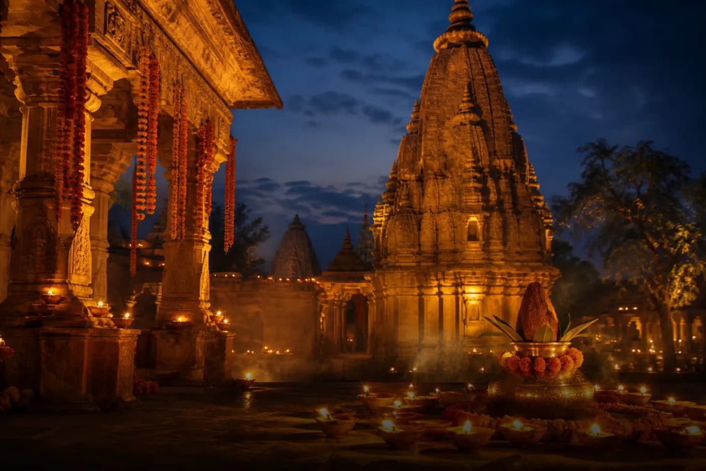 Temple courtyard glowing with diyas — authentic sadhana