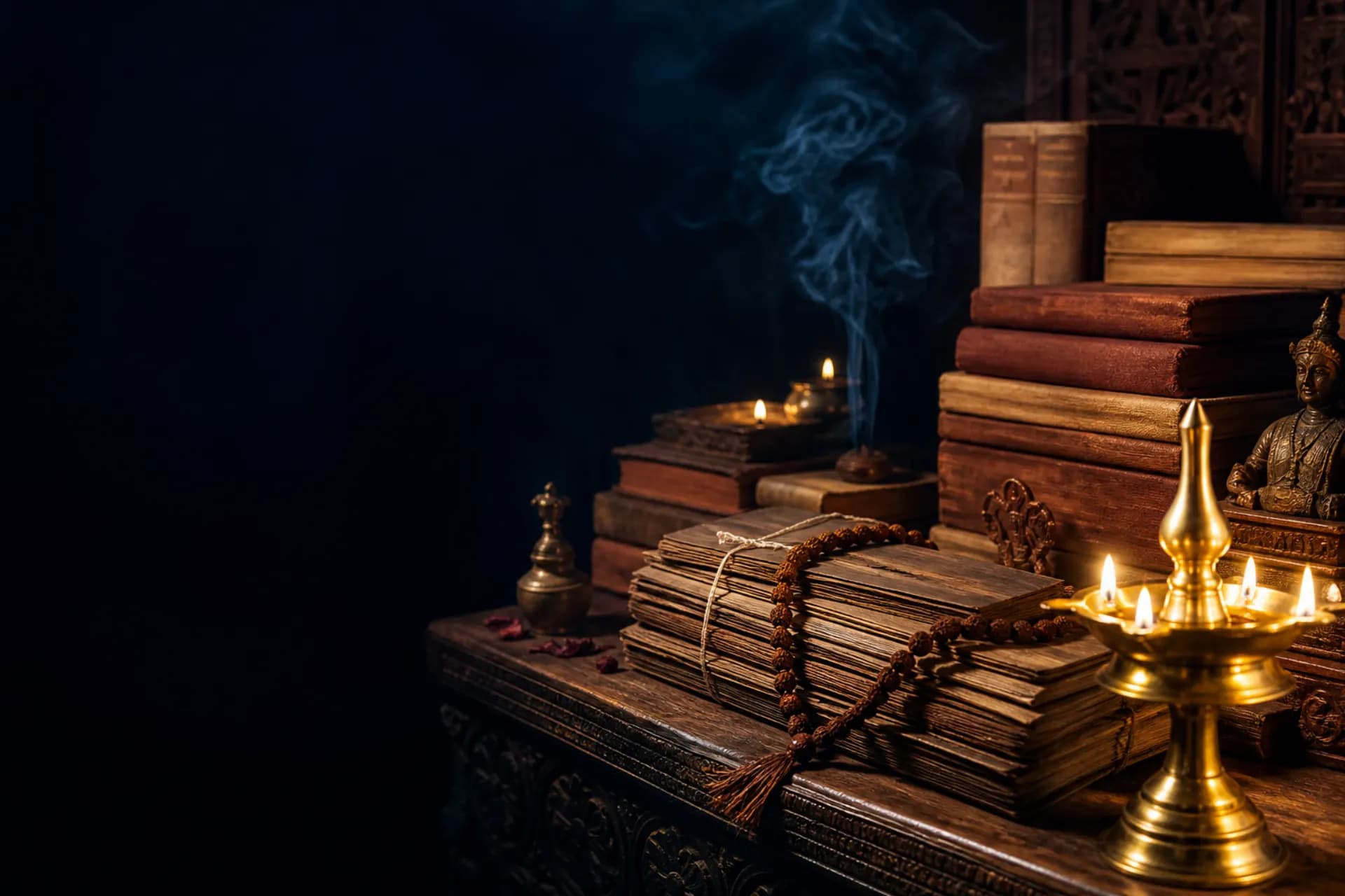 Palm-leaf manuscripts and sacred texts lit by brass diyas
