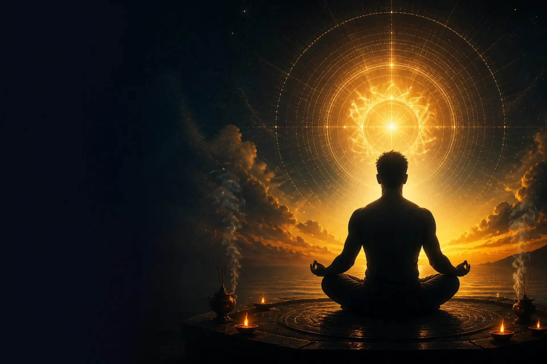 Meditative silhouette under a radiant cosmic light